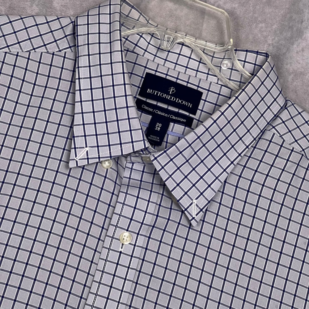 Buttoned Down Dress Shirt Mens 20 38‎ Navy White Excellent Supima Cotton Check